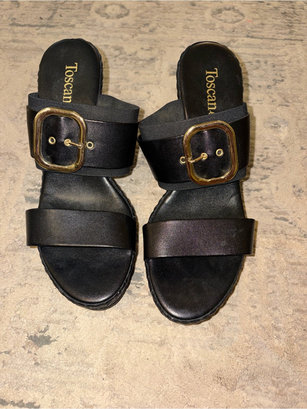 Black Slide Sandals with Gold Buckle Accent